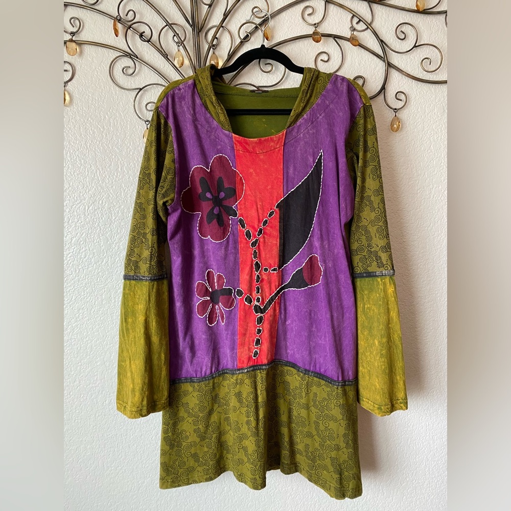 Gorgeous Boho green purple long sleeve top dress hooded size XL